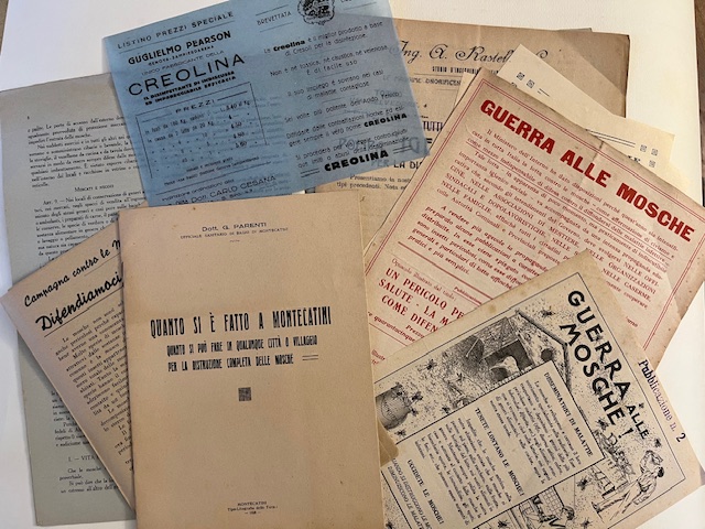 Guerra alle mosche; Campagna contro le mosche 1938; La lotta contro le mosche significa difesa della salute di tutti i cittadini (lotto di opuscoli e fogli sul tema)